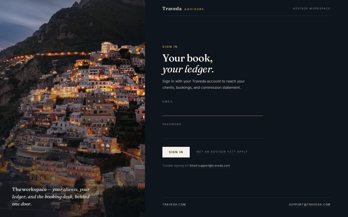 The Traveda advisor workspace sign-in &mdash; clients, bookings, and commission statement behind one login
