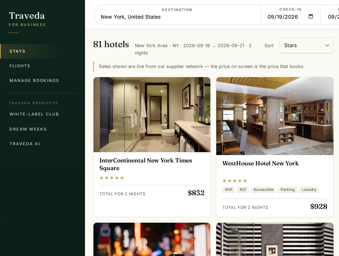 The Traveda for Business portal: a company hotel search for New York returning 81 hotels, with InterContinental New York Times Square and WestHouse Hotel New York priced for a two-night stay, beside a sidebar linking Stays, Flights, Manage Bookings, White-label Club, Dream Weeks and Traveda AI