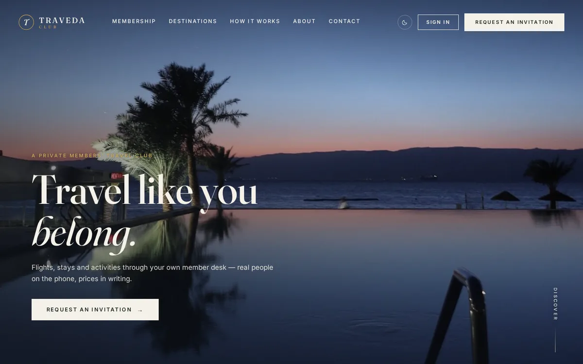 The Traveda Club homepage &mdash; &ldquo;Travel like you belong&rdquo; over an infinity pool at dusk, with the members&rsquo; navigation and Request an Invitation
