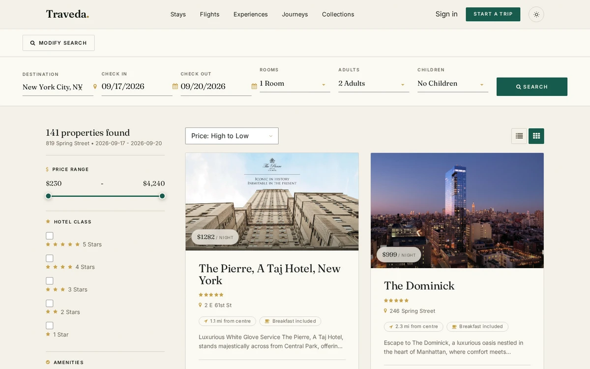 Traveda&rsquo;s hotel search showing 141 properties found in New York City, with live nightly rates for The Pierre and The Dominick